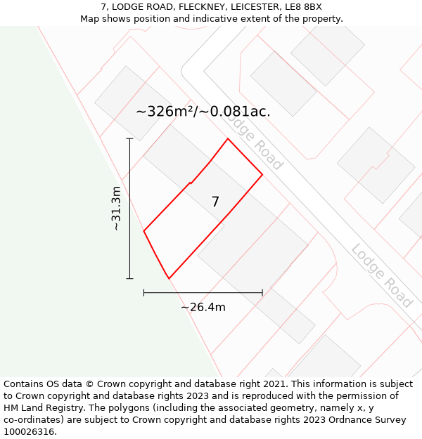 7, LODGE ROAD, FLECKNEY, LEICESTER, LE8 8BX: Plot and title map