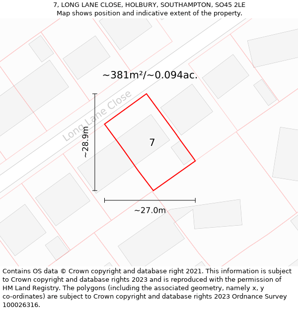 7, LONG LANE CLOSE, HOLBURY, SOUTHAMPTON, SO45 2LE: Plot and title map