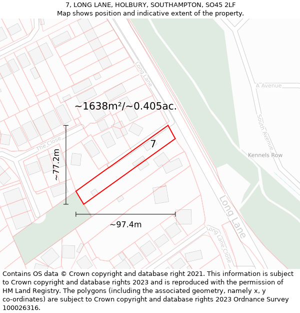 7, LONG LANE, HOLBURY, SOUTHAMPTON, SO45 2LF: Plot and title map