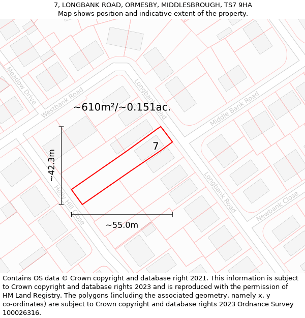 7, LONGBANK ROAD, ORMESBY, MIDDLESBROUGH, TS7 9HA: Plot and title map