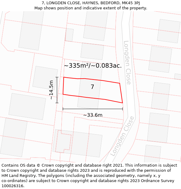 7, LONGDEN CLOSE, HAYNES, BEDFORD, MK45 3PJ: Plot and title map