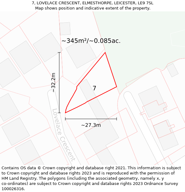 7, LOVELACE CRESCENT, ELMESTHORPE, LEICESTER, LE9 7SL: Plot and title map