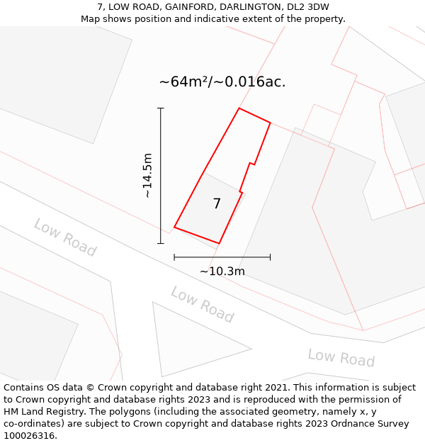 7, LOW ROAD, GAINFORD, DARLINGTON, DL2 3DW: Plot and title map