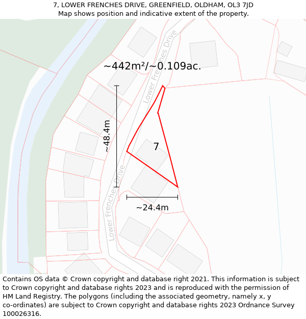 7, LOWER FRENCHES DRIVE, GREENFIELD, OLDHAM, OL3 7JD: Plot and title map