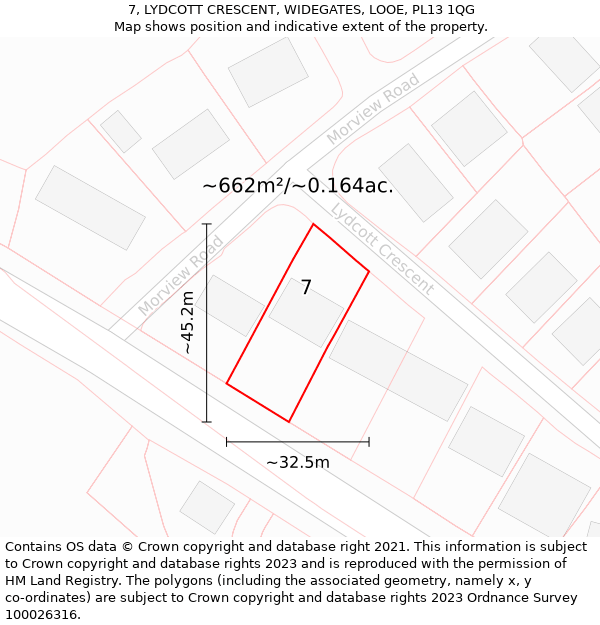 7, LYDCOTT CRESCENT, WIDEGATES, LOOE, PL13 1QG: Plot and title map