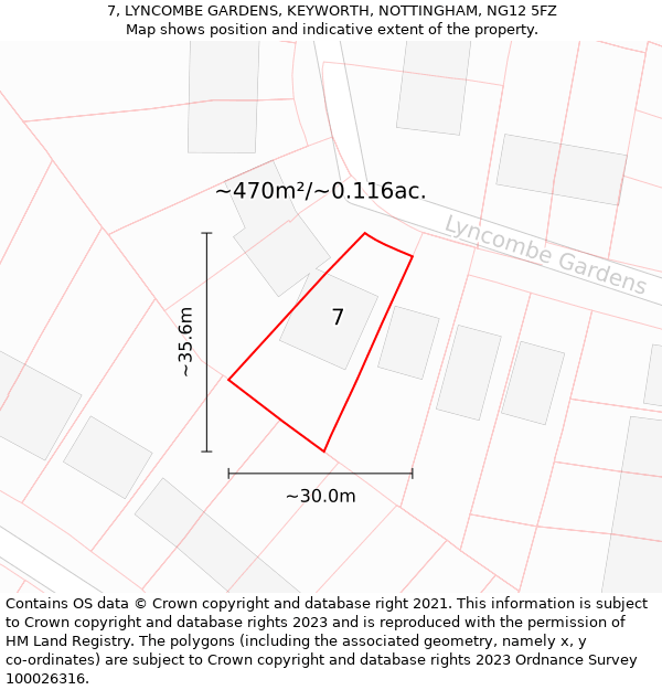 7, LYNCOMBE GARDENS, KEYWORTH, NOTTINGHAM, NG12 5FZ: Plot and title map