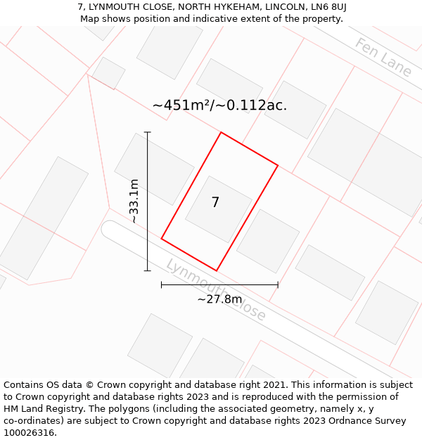 7, LYNMOUTH CLOSE, NORTH HYKEHAM, LINCOLN, LN6 8UJ: Plot and title map