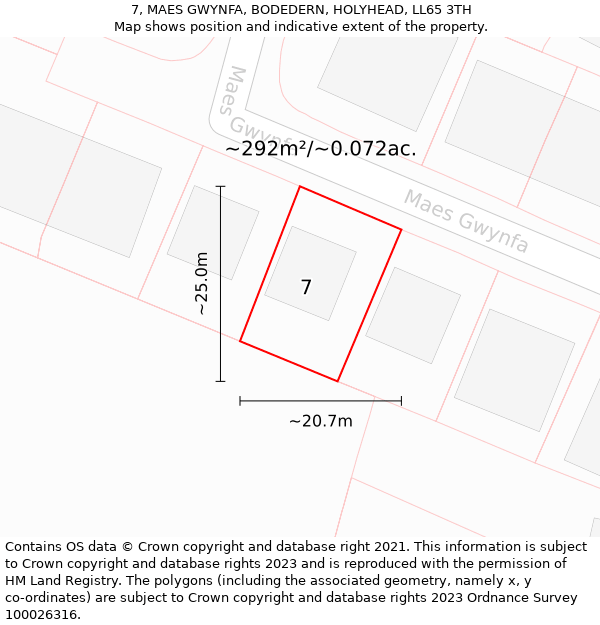 7, MAES GWYNFA, BODEDERN, HOLYHEAD, LL65 3TH: Plot and title map