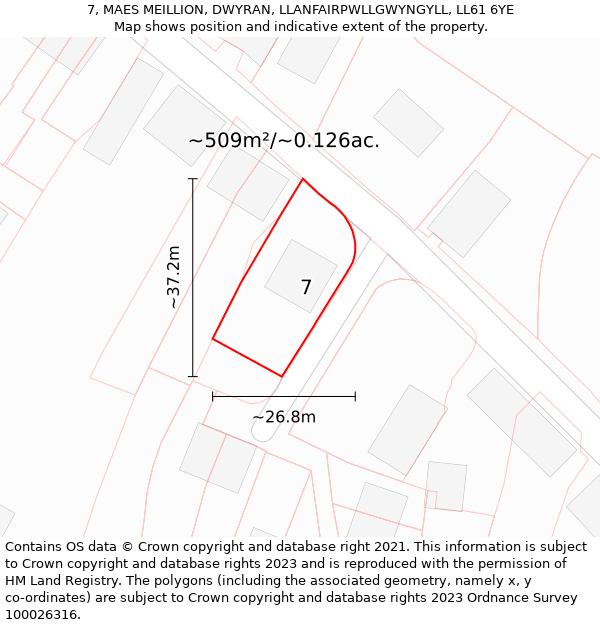 7, MAES MEILLION, DWYRAN, LLANFAIRPWLLGWYNGYLL, LL61 6YE: Plot and title map