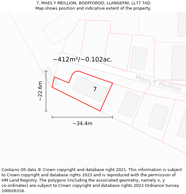 7, MAES Y MEILLION, BODFFORDD, LLANGEFNI, LL77 7AD: Plot and title map