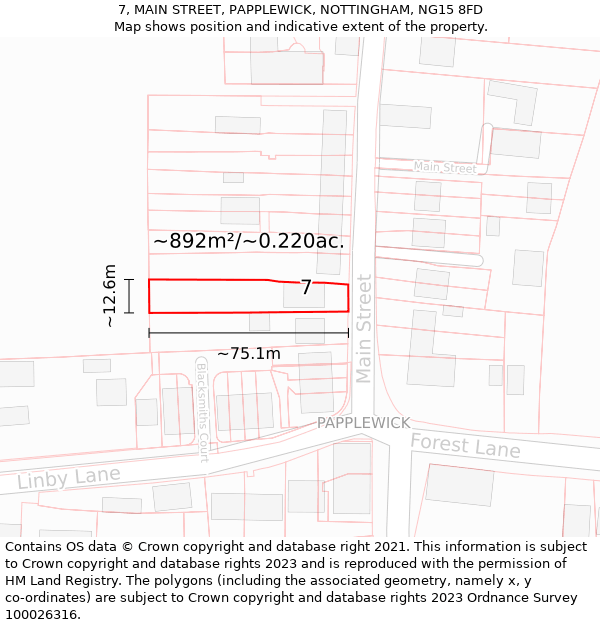 7, MAIN STREET, PAPPLEWICK, NOTTINGHAM, NG15 8FD: Plot and title map