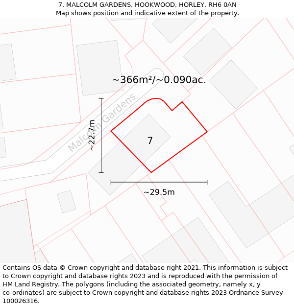 7, MALCOLM GARDENS, HOOKWOOD, HORLEY, RH6 0AN: Plot and title map