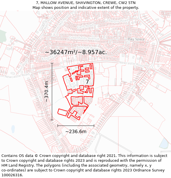 7, MALLOW AVENUE, SHAVINGTON, CREWE, CW2 5TN: Plot and title map