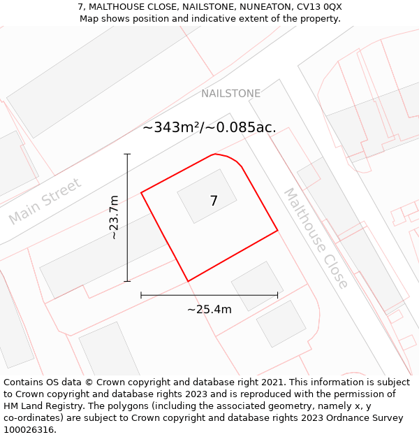 7, MALTHOUSE CLOSE, NAILSTONE, NUNEATON, CV13 0QX: Plot and title map