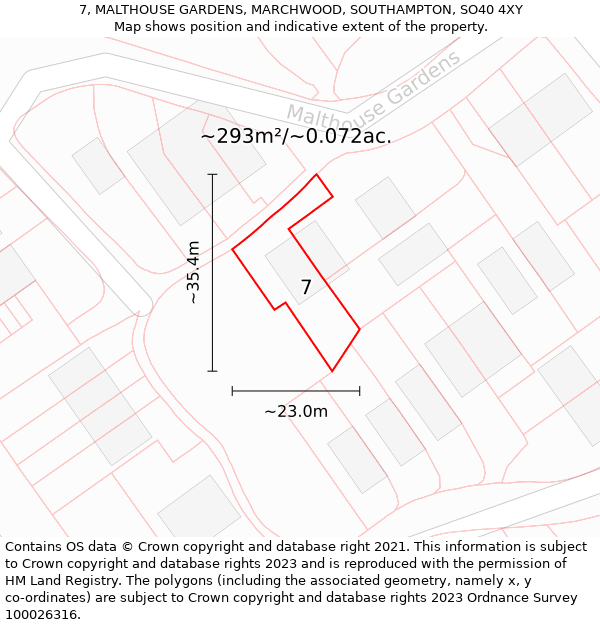 7, MALTHOUSE GARDENS, MARCHWOOD, SOUTHAMPTON, SO40 4XY: Plot and title map