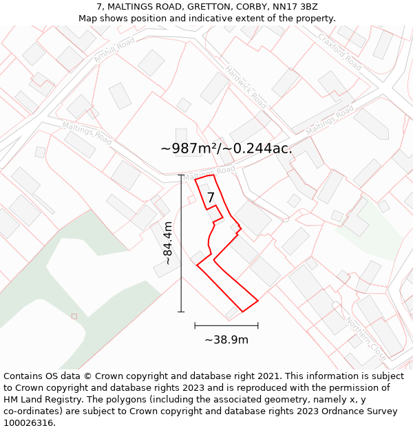 7, MALTINGS ROAD, GRETTON, CORBY, NN17 3BZ: Plot and title map