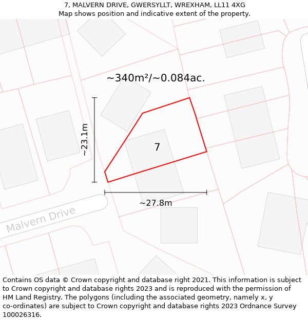 7, MALVERN DRIVE, GWERSYLLT, WREXHAM, LL11 4XG: Plot and title map