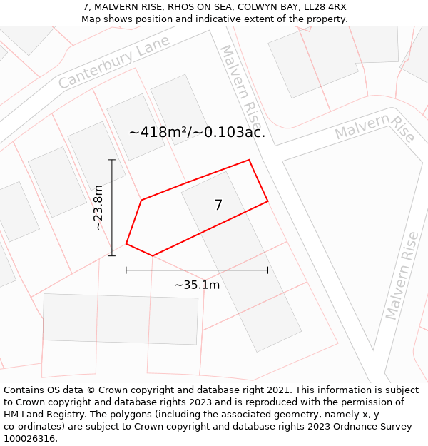 7, MALVERN RISE, RHOS ON SEA, COLWYN BAY, LL28 4RX: Plot and title map