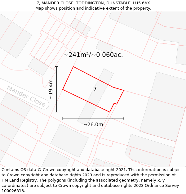 7, MANDER CLOSE, TODDINGTON, DUNSTABLE, LU5 6AX: Plot and title map