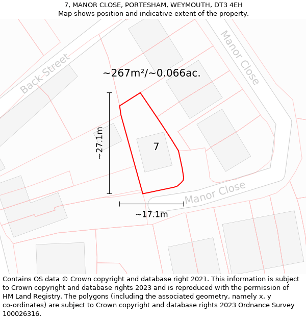 7, MANOR CLOSE, PORTESHAM, WEYMOUTH, DT3 4EH: Plot and title map