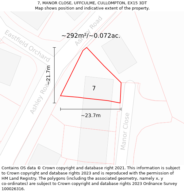 7, MANOR CLOSE, UFFCULME, CULLOMPTON, EX15 3DT: Plot and title map