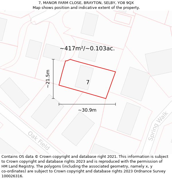 7, MANOR FARM CLOSE, BRAYTON, SELBY, YO8 9QX: Plot and title map