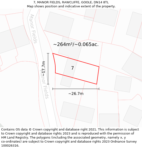 7, MANOR FIELDS, RAWCLIFFE, GOOLE, DN14 8TL: Plot and title map