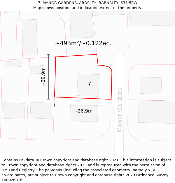 7, MANOR GARDENS, ARDSLEY, BARNSLEY, S71 5EW: Plot and title map