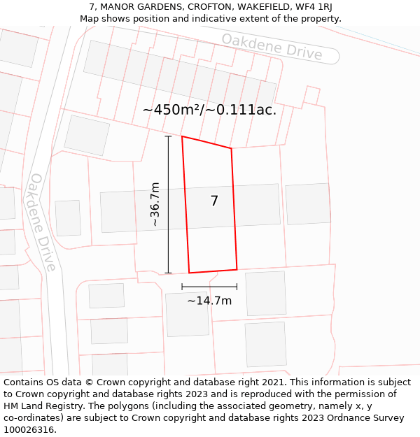 7, MANOR GARDENS, CROFTON, WAKEFIELD, WF4 1RJ: Plot and title map