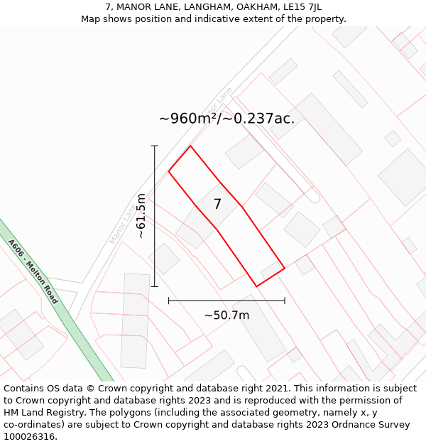 7, MANOR LANE, LANGHAM, OAKHAM, LE15 7JL: Plot and title map