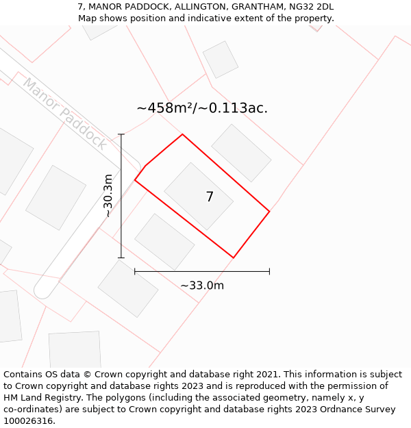 7, MANOR PADDOCK, ALLINGTON, GRANTHAM, NG32 2DL: Plot and title map