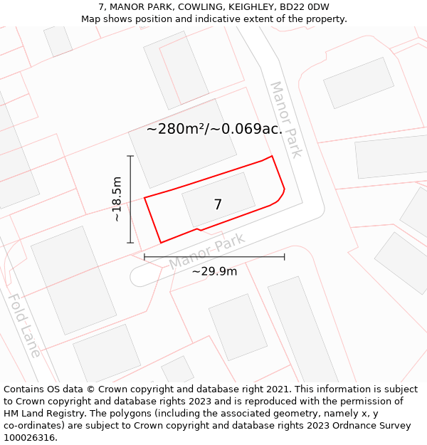 7, MANOR PARK, COWLING, KEIGHLEY, BD22 0DW: Plot and title map