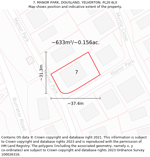 7, MANOR PARK, DOUSLAND, YELVERTON, PL20 6LX: Plot and title map