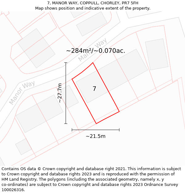 7, MANOR WAY, COPPULL, CHORLEY, PR7 5FH: Plot and title map