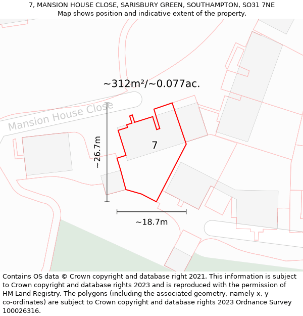 7, MANSION HOUSE CLOSE, SARISBURY GREEN, SOUTHAMPTON, SO31 7NE: Plot and title map