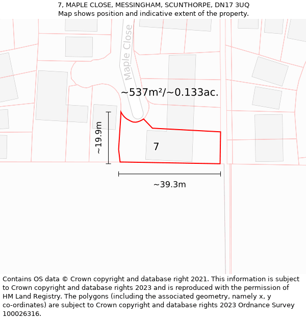 7, MAPLE CLOSE, MESSINGHAM, SCUNTHORPE, DN17 3UQ: Plot and title map