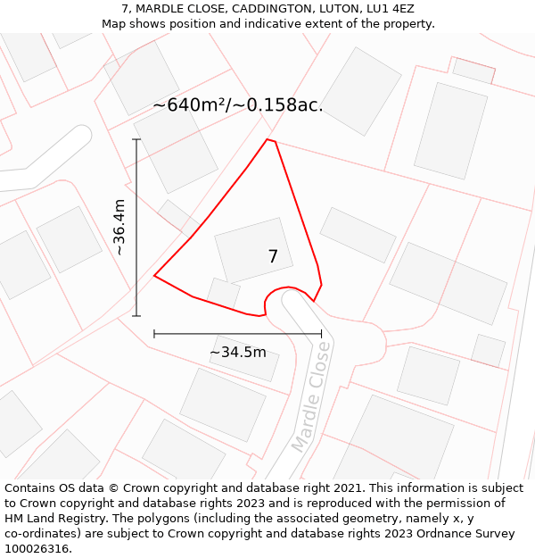 7, MARDLE CLOSE, CADDINGTON, LUTON, LU1 4EZ: Plot and title map