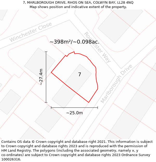 7, MARLBOROUGH DRIVE, RHOS ON SEA, COLWYN BAY, LL28 4NQ: Plot and title map