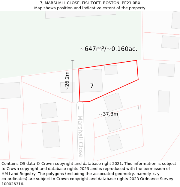 7, MARSHALL CLOSE, FISHTOFT, BOSTON, PE21 0RX: Plot and title map