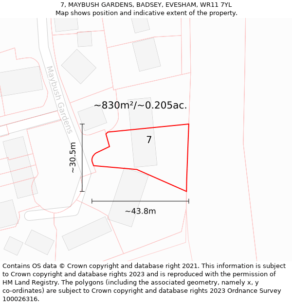 7, MAYBUSH GARDENS, BADSEY, EVESHAM, WR11 7YL: Plot and title map