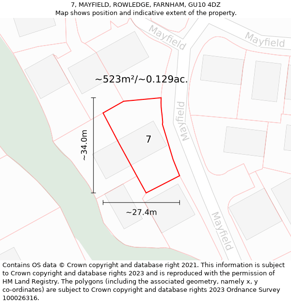 7, MAYFIELD, ROWLEDGE, FARNHAM, GU10 4DZ: Plot and title map