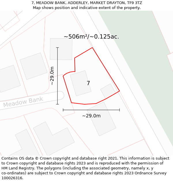 7, MEADOW BANK, ADDERLEY, MARKET DRAYTON, TF9 3TZ: Plot and title map