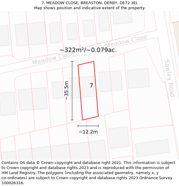 7, MEADOW CLOSE, BREASTON, DERBY, DE72 3EL: Plot and title map