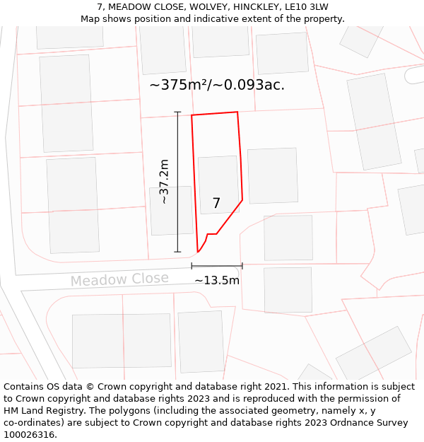 7, MEADOW CLOSE, WOLVEY, HINCKLEY, LE10 3LW: Plot and title map