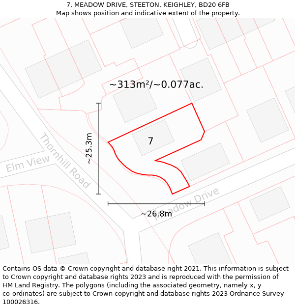 7, MEADOW DRIVE, STEETON, KEIGHLEY, BD20 6FB: Plot and title map