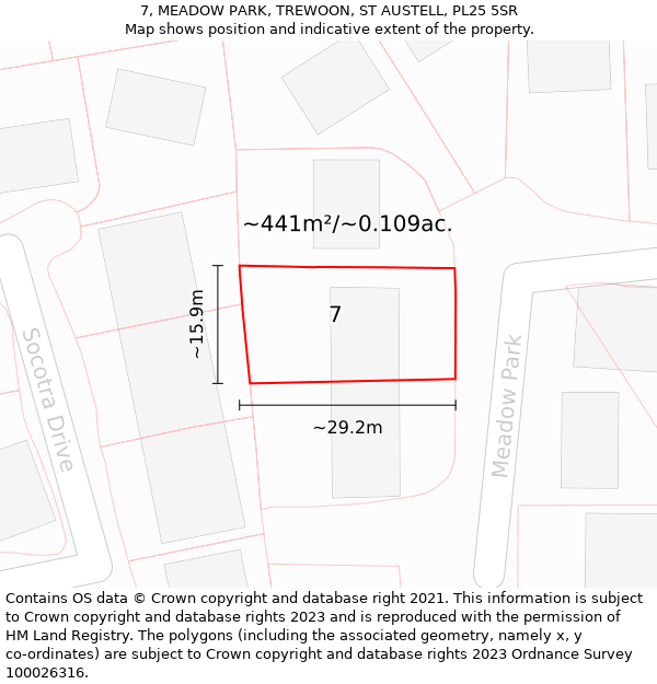 7, MEADOW PARK, TREWOON, ST AUSTELL, PL25 5SR: Plot and title map