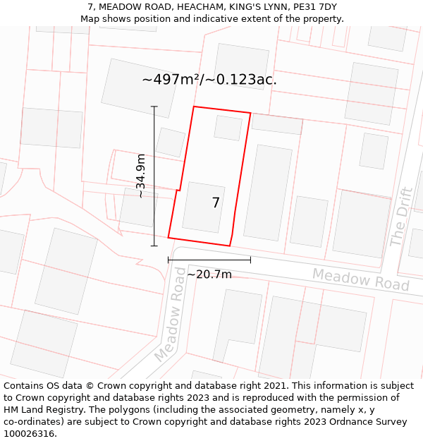 7, MEADOW ROAD, HEACHAM, KING'S LYNN, PE31 7DY: Plot and title map