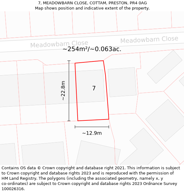 7, MEADOWBARN CLOSE, COTTAM, PRESTON, PR4 0AG: Plot and title map
