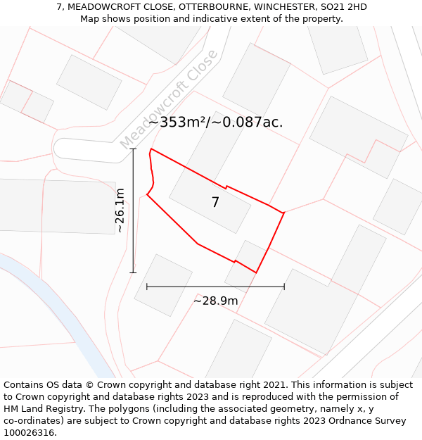 7, MEADOWCROFT CLOSE, OTTERBOURNE, WINCHESTER, SO21 2HD: Plot and title map