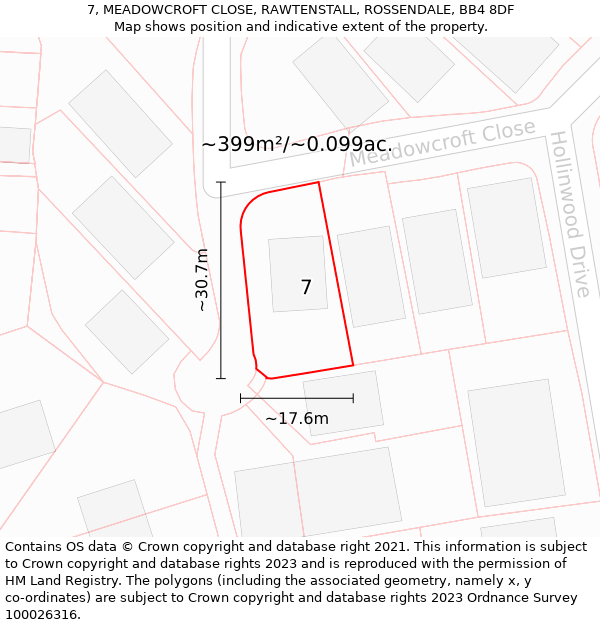 7, MEADOWCROFT CLOSE, RAWTENSTALL, ROSSENDALE, BB4 8DF: Plot and title map